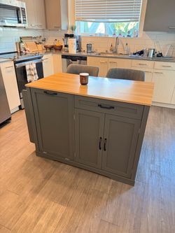 Portable Mobile Rolling Kitchen Island With Trash Can Storage Cabinet & Drop Leaf, Wheels Drawer Cabinet For 13 Gallon Garbage Bin