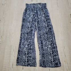 Three Dots Navy and White Boho Geometric Tribal Print Pull-On Wide-Leg Pants