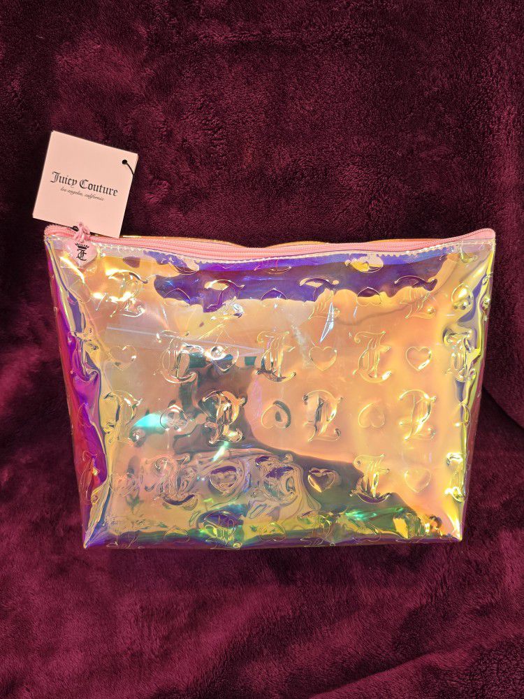 Juicy Couture holographic cosmetic travel bag - JC & Hearts logo NWT