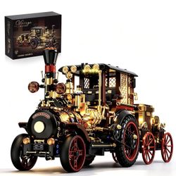chanbrick Retro Mechanical Steam Car Building Set for Adults, Vintage Steampunk Locomotive Vehicle Engine Kit Collectible Model with Light for Home Of