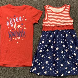 Girls size 4T fourth 4th of July patriotic stars abd stripes sun dress and size 4/5 shimmery teeshirt 