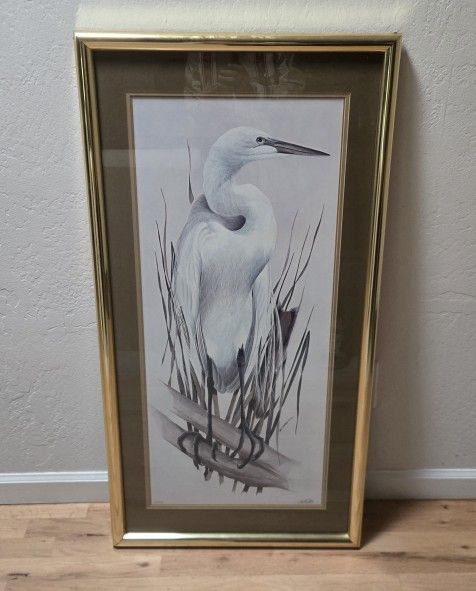 Art Lamay White Heron Bird Signed Framed Lmtd Edition Art Print 22x42