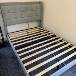 Queen Upholstered Bed Frame w/ Wingback Headboard + Outlets – Light Grey - $120 OBO