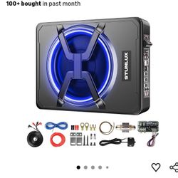 STUNLUX 800W Slim Under Seat Powered Car Subwoofer Kit with Colorful LED Light,High/Low Level Input, Built-In Amplifier, And Car/Truck Audio System fo
