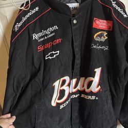 vintage Chase Authentics Dale Earnhardt Jr. #8 Budweiser NASCAR racing jacket in black. 