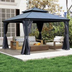 12'x12' Hardtop Gazebo with Resin Roof, Outdoor Metal Gazebo with Drainage Gutters, Permanent Heavy Duty Pavilion for Patio, Backyard and Deck, Curtai
