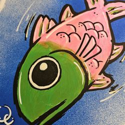 This is a vibrant pop art piece featuring a uniquely designed fish, created by the artist "RAETA" in 2015.