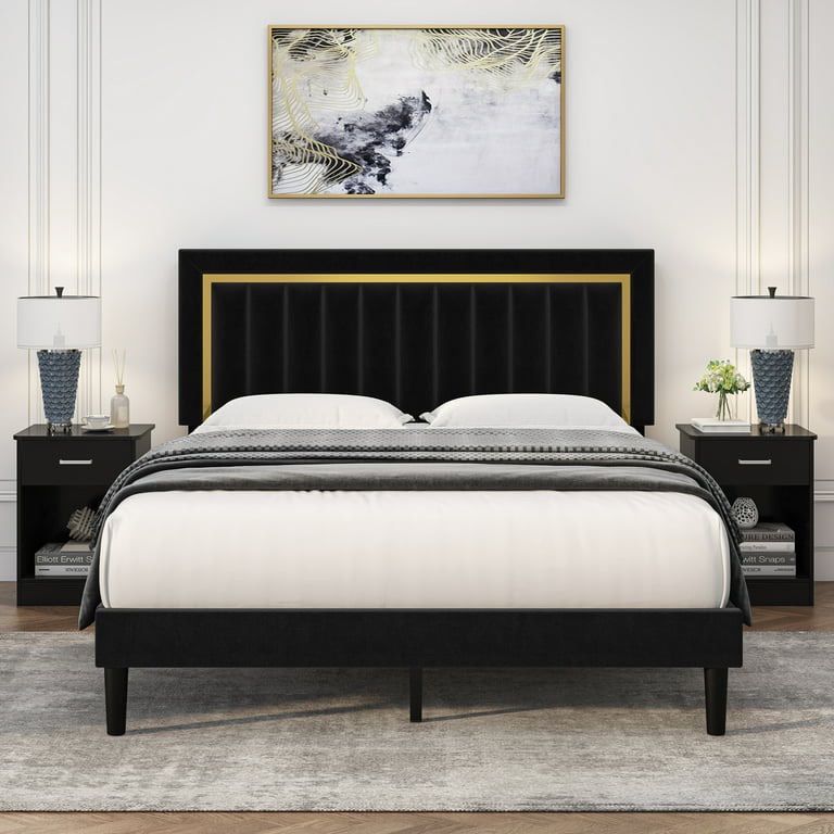 Full size Bed Frame, Velvet Tufted Upholstered Platform Bed with Adjustable Gold Trim Headboard, Black
