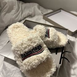 White fur Balenciaga slides