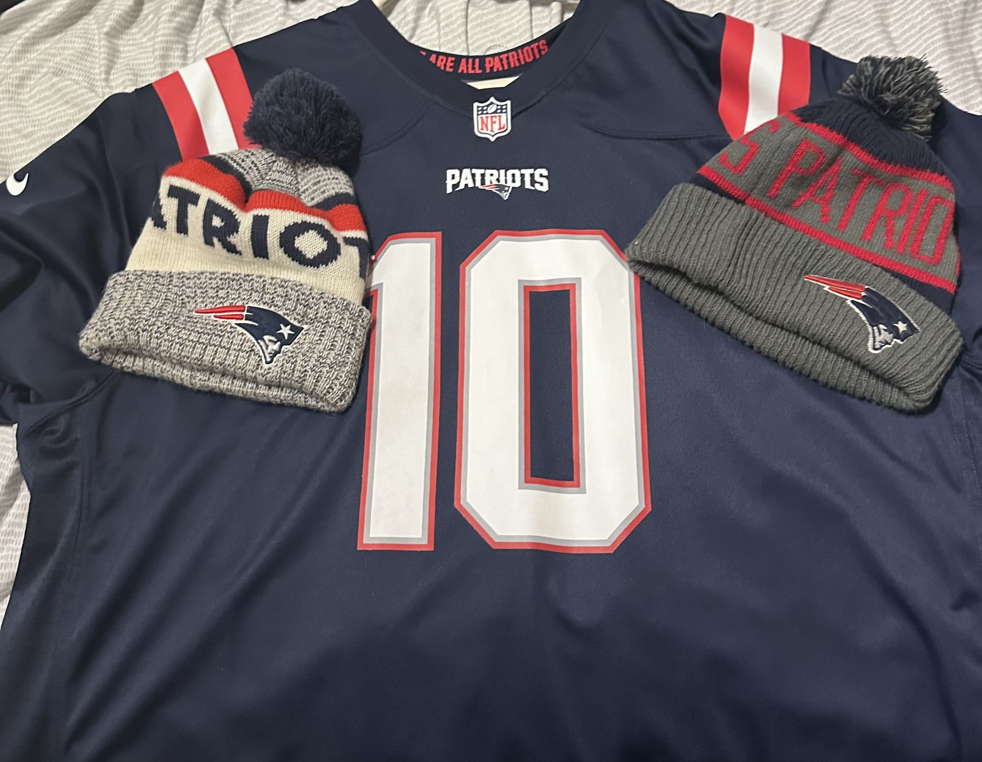 Patriots Jersey With Two Patriots Beenies 