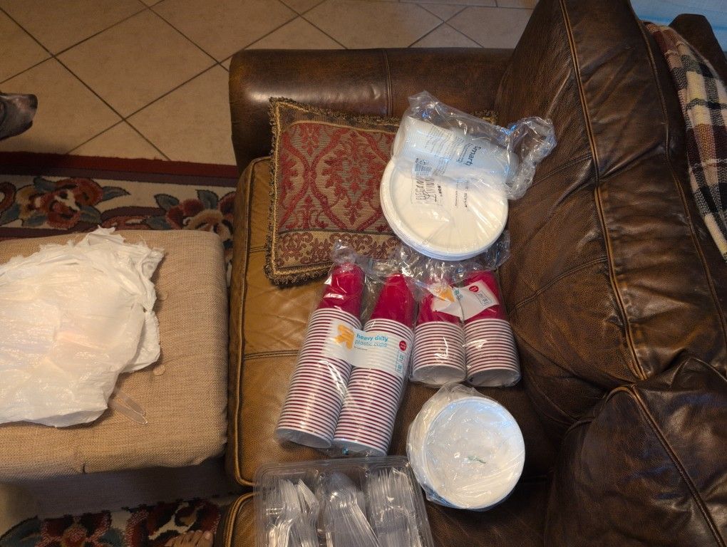 Cutlery, Plastic Cupa, Paper Plates And Bowls. Brand New