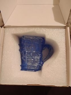 Blue Pressed Glass Mug with Ornate Relief Pattern