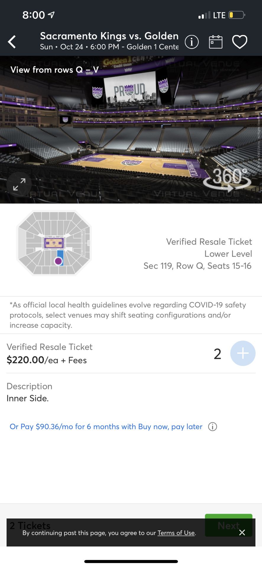 2 Sacramento Kings Tickets