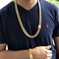 12MM Cuban Link Set 14K Gold Plated Doesn't Loses Color