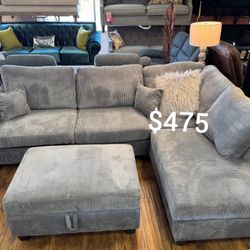 Elegant 3-Pc Corduroy Sectional Sofa With Storage Ottoman And USB Port 