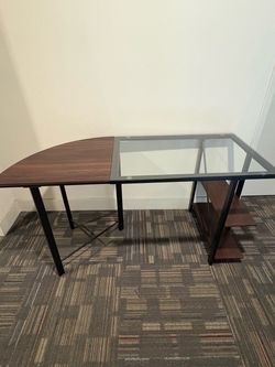 L-Shaped Glass and Wood Office Desk