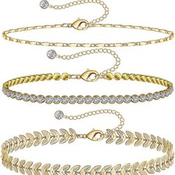 Gold Ankle Bracelets for Women 14k Gold Plated Anklet Silver Tennis Rose Quartz Cross Bead Herringbone Snake Paperclip Chain Cubic Zirconia Dainty Lay
