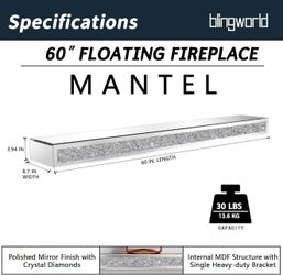 🥨Mirrored Fireplace Mantel 60 Inches, Handcrafted Glass Mantel for Over Fireplace, Crystal Crushed Diamond Fireplace Mantel Shelf, Wall Mounted Float