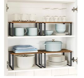 SONGMICS Cabinet Organizer Shelf, Set of 4 Kitchen Counter Shelves, Kitchen Storage, Spice Rack, Stackable, Expandable, Metal and Engineered Wood, Ink