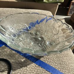 This is a vintage Indiana Glass clear oval footed fruit bowl in the "Harvest Grape" pattern