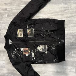 Square Zero Men's Graphic Bomber Jacket Black Orange Size L Art Streetwear