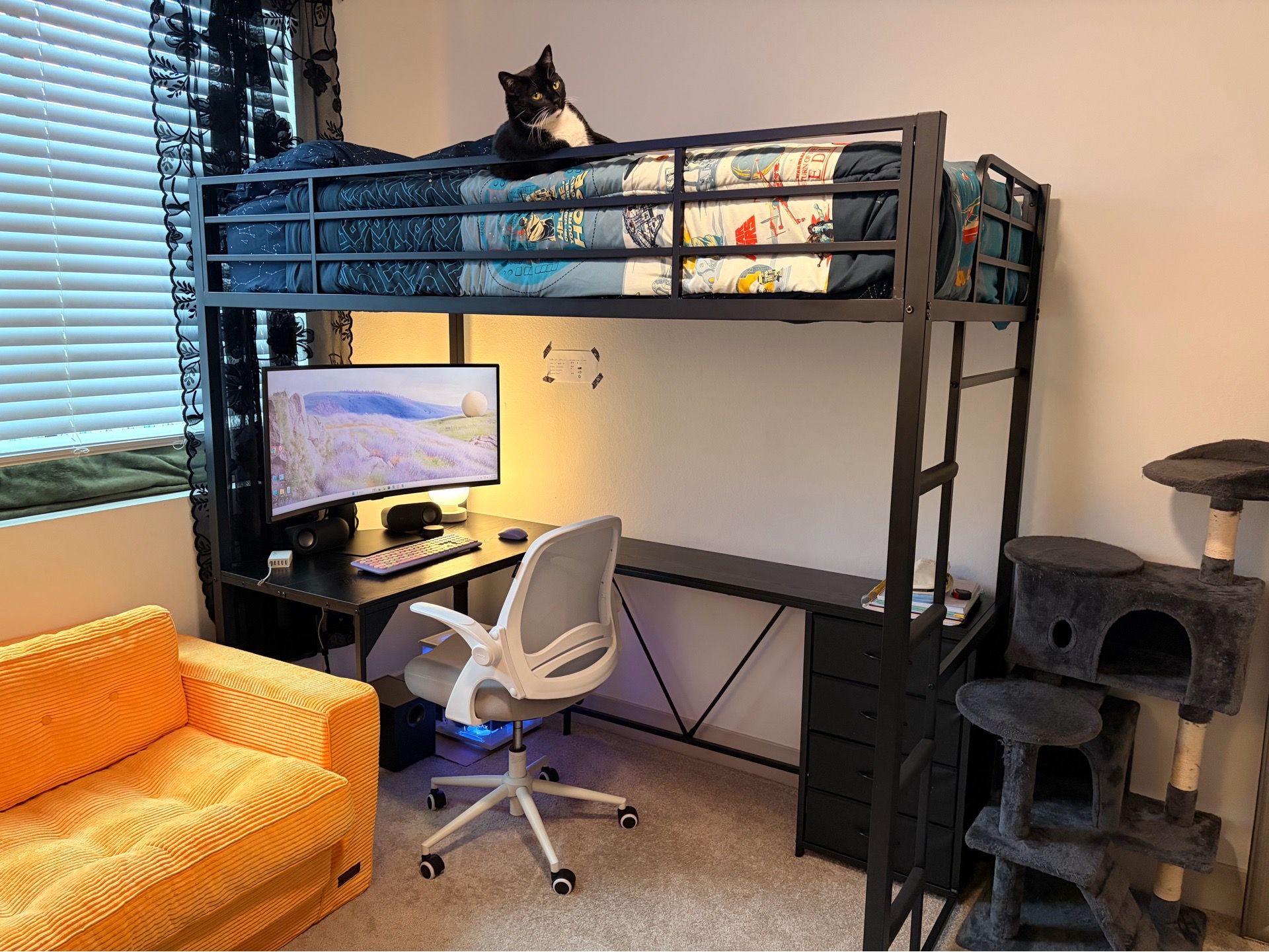 Twin Size Loft Bed with L-Shaped Desk and 4 Fabric Drawers