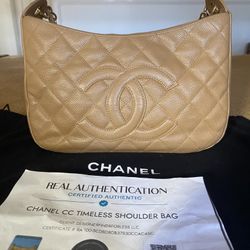 Chanel Timeless CC Carviar In Beige W/ Gold Hardware 
