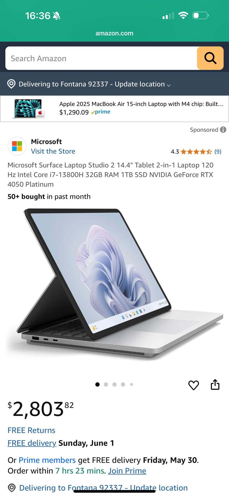 Microsoft Surface Laptop Studio 2 14.4" Tablet 2-in-1 Laptop 120 Hz Intel Core i7-13800H 32GB RAM 1TB SSD NVIDIA GeForce RTX 4050 Platinum