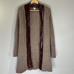 J. Jill Small Brown Merino Wool Silk Velvet Trim Duster Knit Cardigan Sweater Back To School Winter Fall