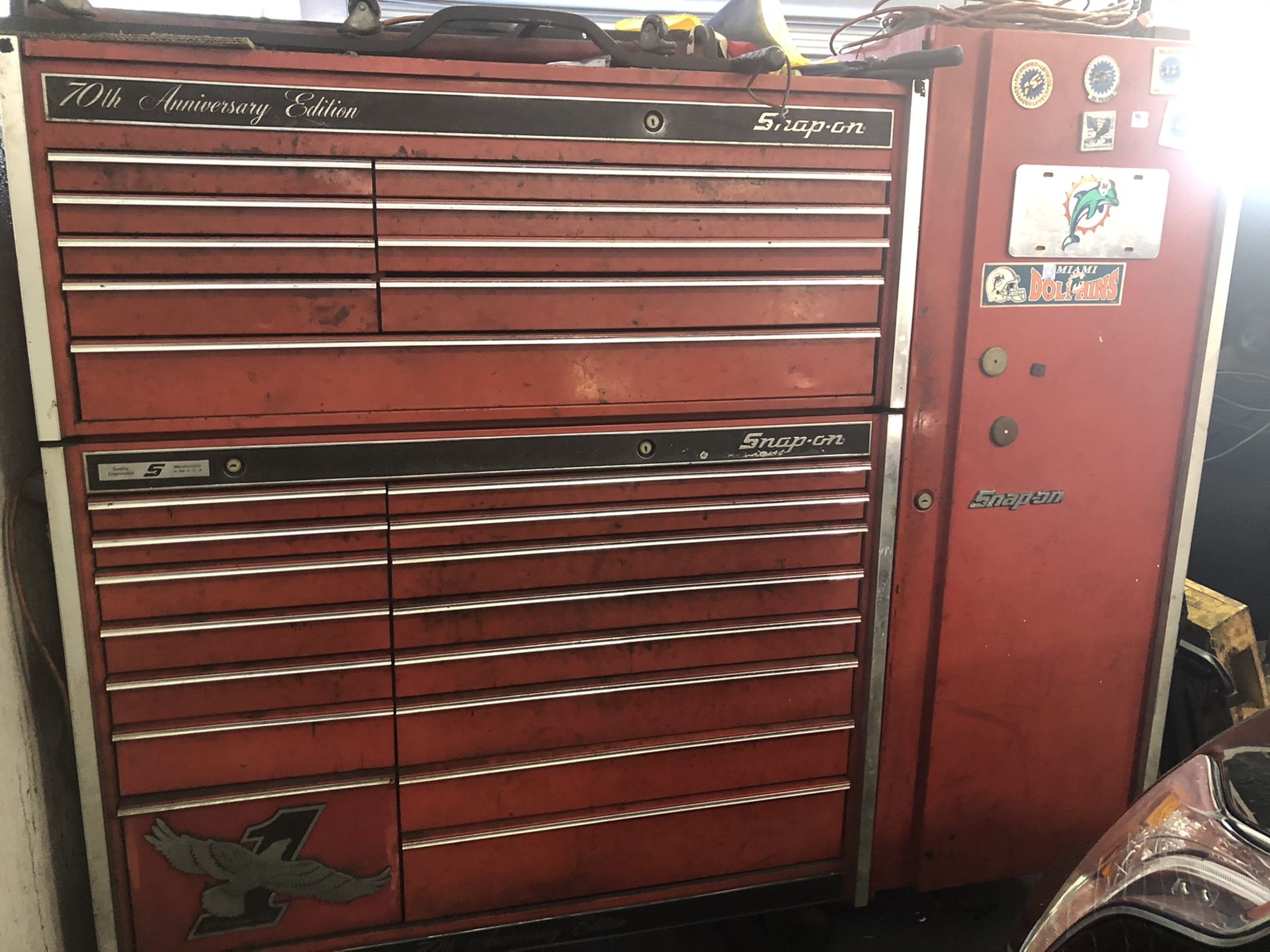 Snap on tool boxes and side cabinet