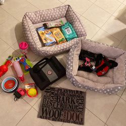 Lot Of 2 Dog Beds, Brand New Harnesses, Dog Toys, Car Cover Etc