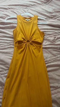 Mustard Yellow Ribbed Cutout Midi Dress