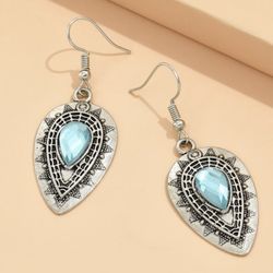 New Beautiful Boho Antique Silver Teal Blue Diamond Water Drop Dangle Earrings