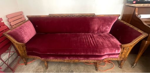 Vintage Maroon Velvet Sofa with Carved Wooden Frame