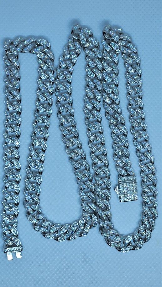 925 Sterling Silver Miami Cuban Chain Rhodium Finish With Genuine Moissanite 22 Inch 8.2 MM