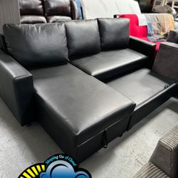 Black Sectional Small Sofa Couch Faux Leather 