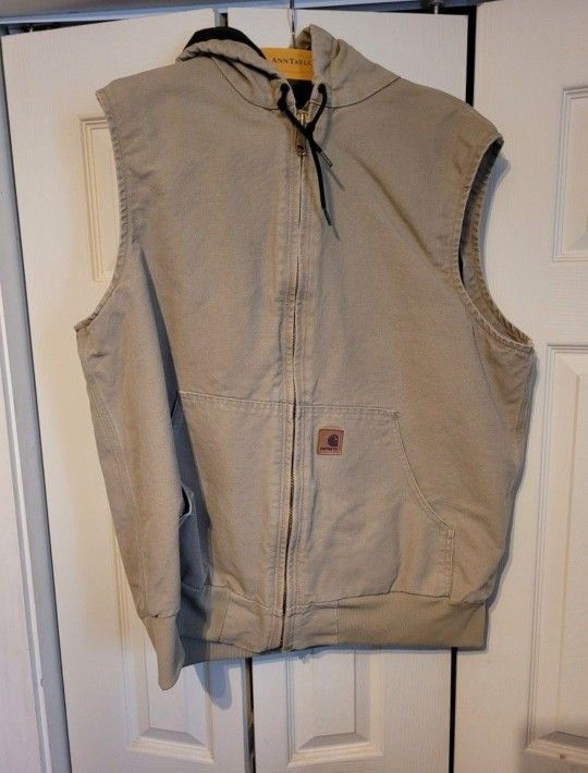 Carhartt Hooded Quilted Lined Men’s Tan Full Zip Vest Size XL