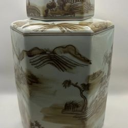 Small Brown on White Porcelain Vintage Tea Jar with Asian Pastoral Scene