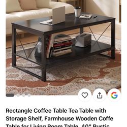 Modern Farmhouse Coffee Table – 40” Black Wood, 2-Tier Storage