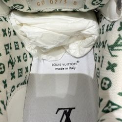 The sneakers shown in the image are the Louis Vuitton LV Skate Sneaker in a green and white colorway. These shoes are known for their Nineties-inspire