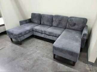 New Grey Corduroy Sectional With Duo Chaises.  58x100x58.  Free Delivery!
