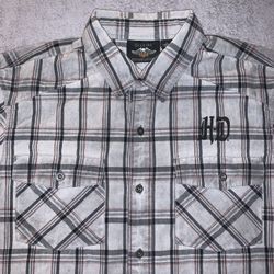 Harley Davidson Size Large Shirt Short Sleeve Tartan Plaid Gray Grey Button Up