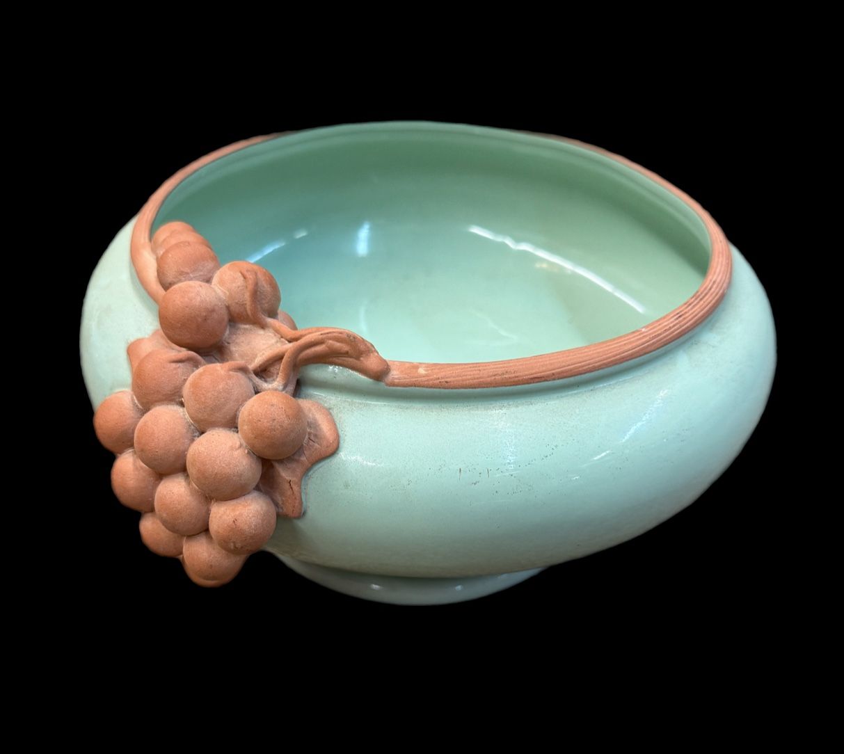 Vintage Mid Century Grapes Green Studio Pottery Bowl 12”
