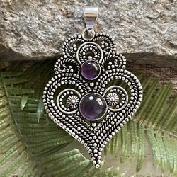 Natural Purple Amethyst Heart Gemstone 2.5” Silver Pendant