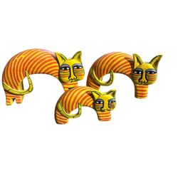 RARE Vintage Laurel Burch Cat Sculptures~ Rainbow Shaped Cat~ Hand painted Red and Gold striped wooden cat