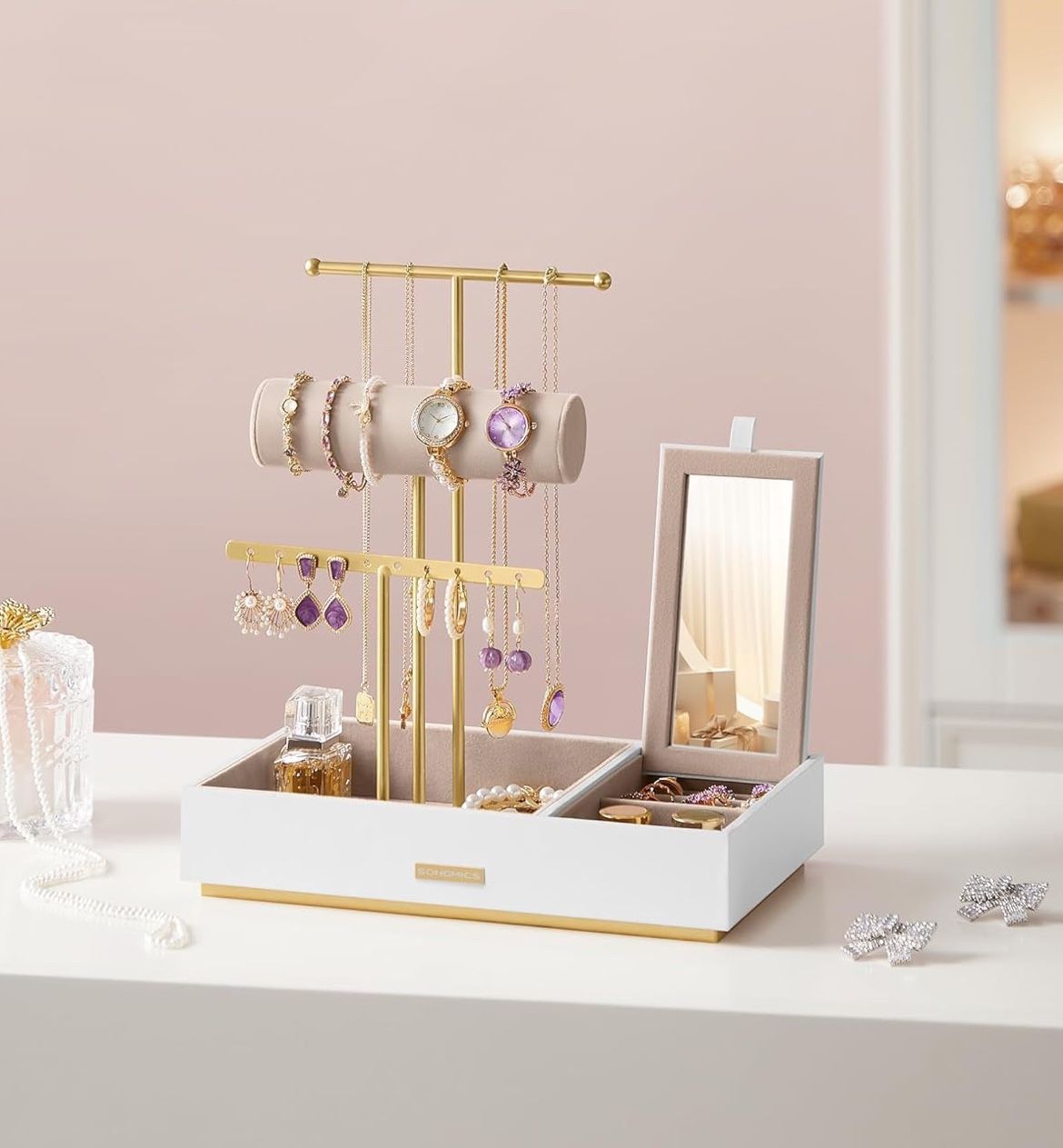 Jewelry Holder, Jewelry Organizer, Jewelry Display Stand, Metal Earring Organizer with Mirror, with Necklace Earring Bracelet Holder, for Rings, Gift