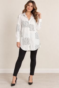 ChicMe White Script Print Button-Up Tunic Top Size Medium NWOT