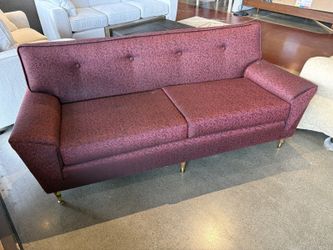 Vintage Mid-Century Modern Scribble Pattern Burgundy Sofa