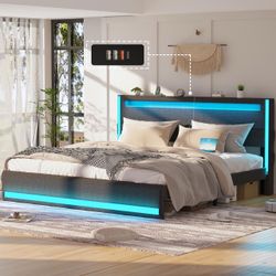 Dark Gray Fabric King Size Bed Frame with LED Lights and Charging Station