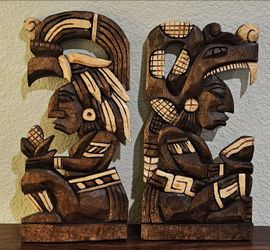 Vintage 10" Hand Carved Wood Mesoamerican Statues Mayan Aztec Folk Art Pair